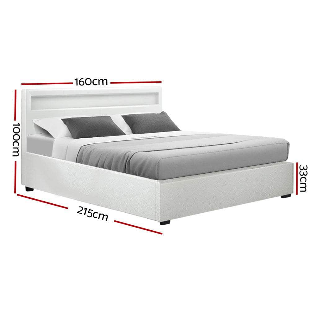 Bed Frame Queen Size Led Gas Lift White Cole