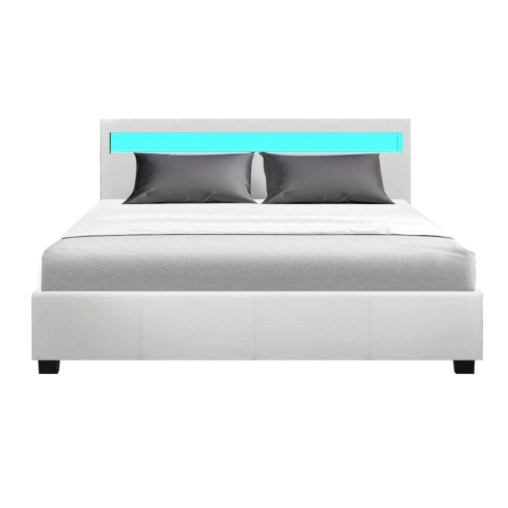 Bed Frame Queen Size Led Gas Lift White Cole