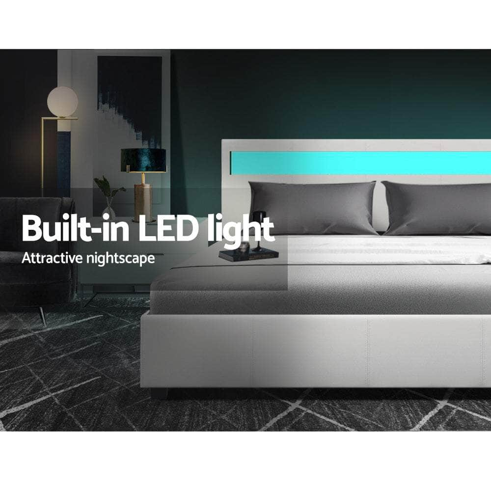 Bed Frame Queen Size Led Gas Lift White Cole