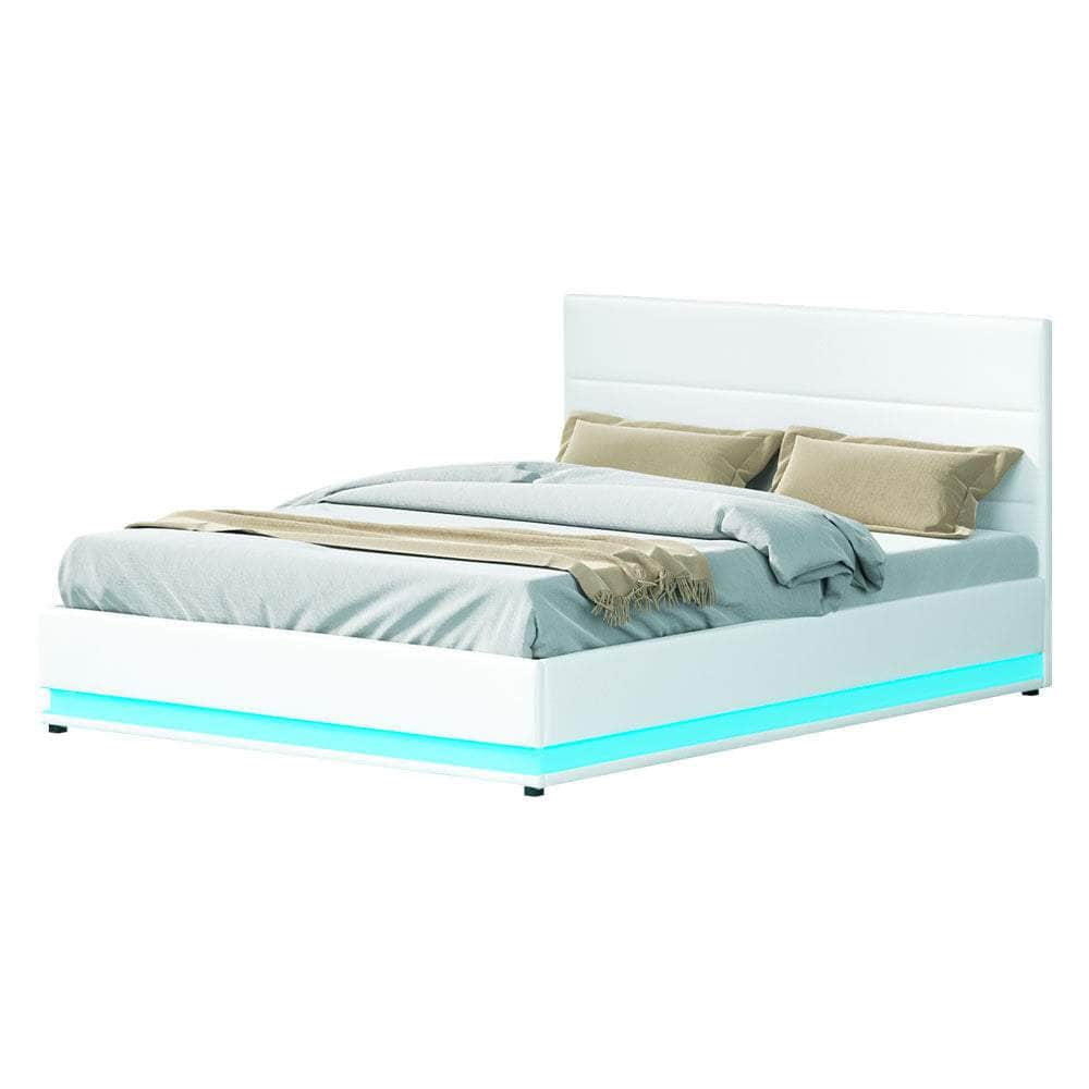 Bed Frame Queen Size Led Gas Lift White Lumi