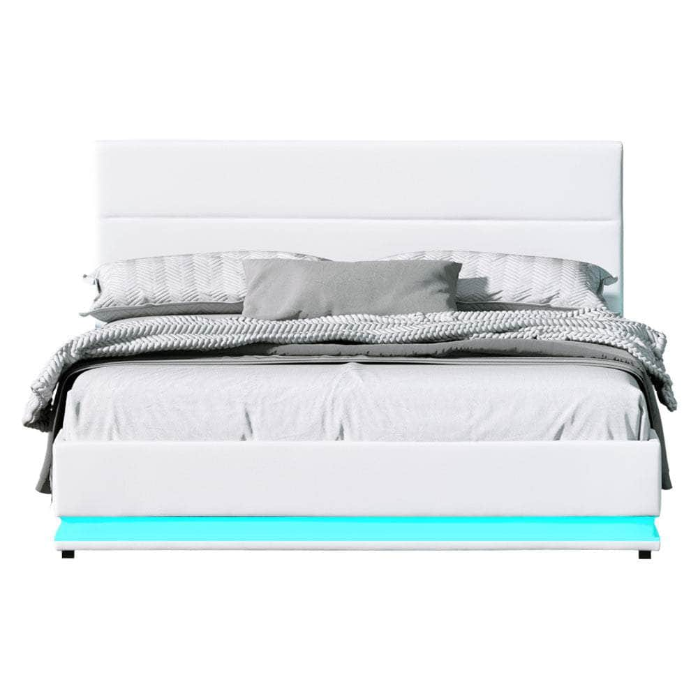 Bed Frame Queen Size Led Gas Lift White Lumi