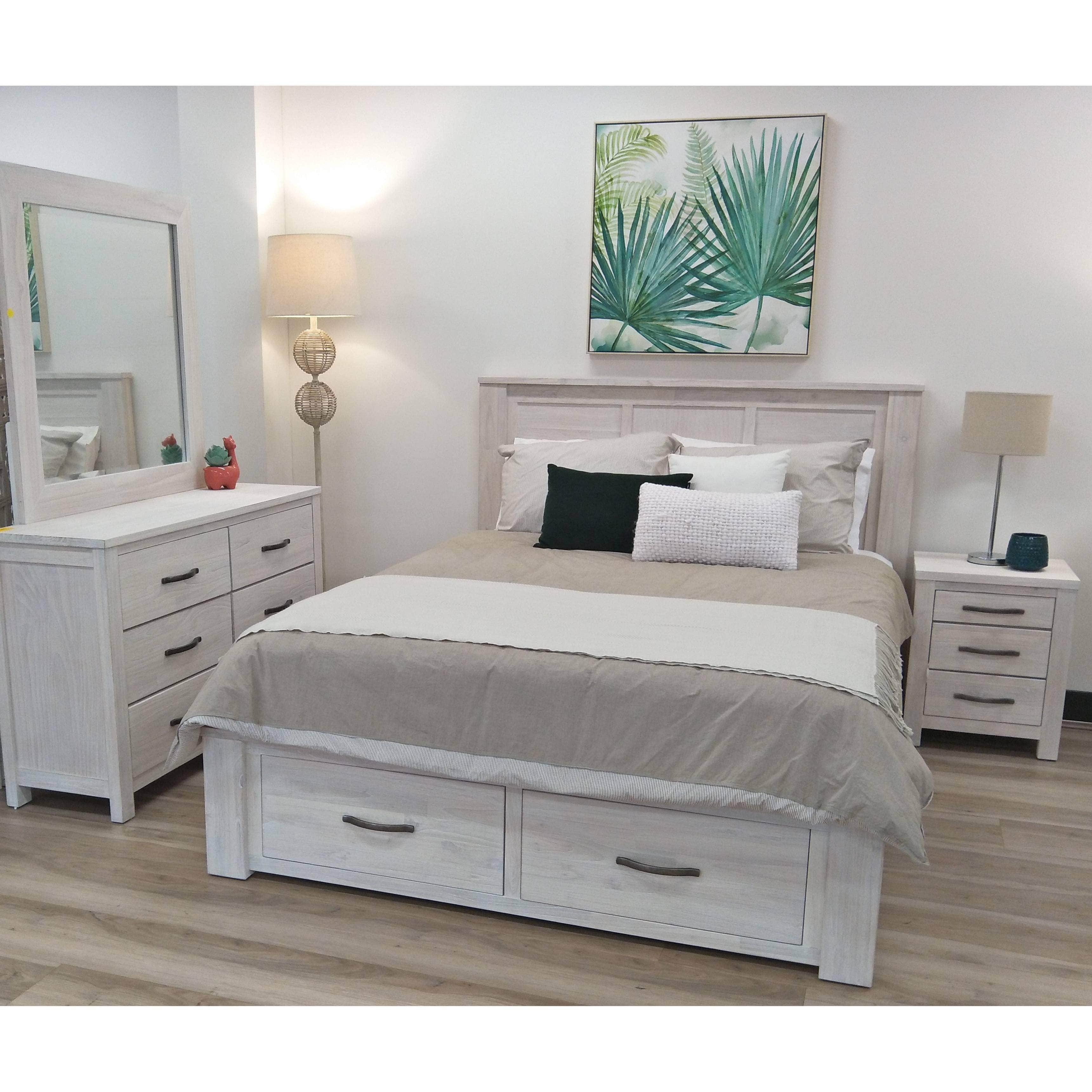 Bed Frame Queen Size Timber Mattress Base With Storage Drawers - White