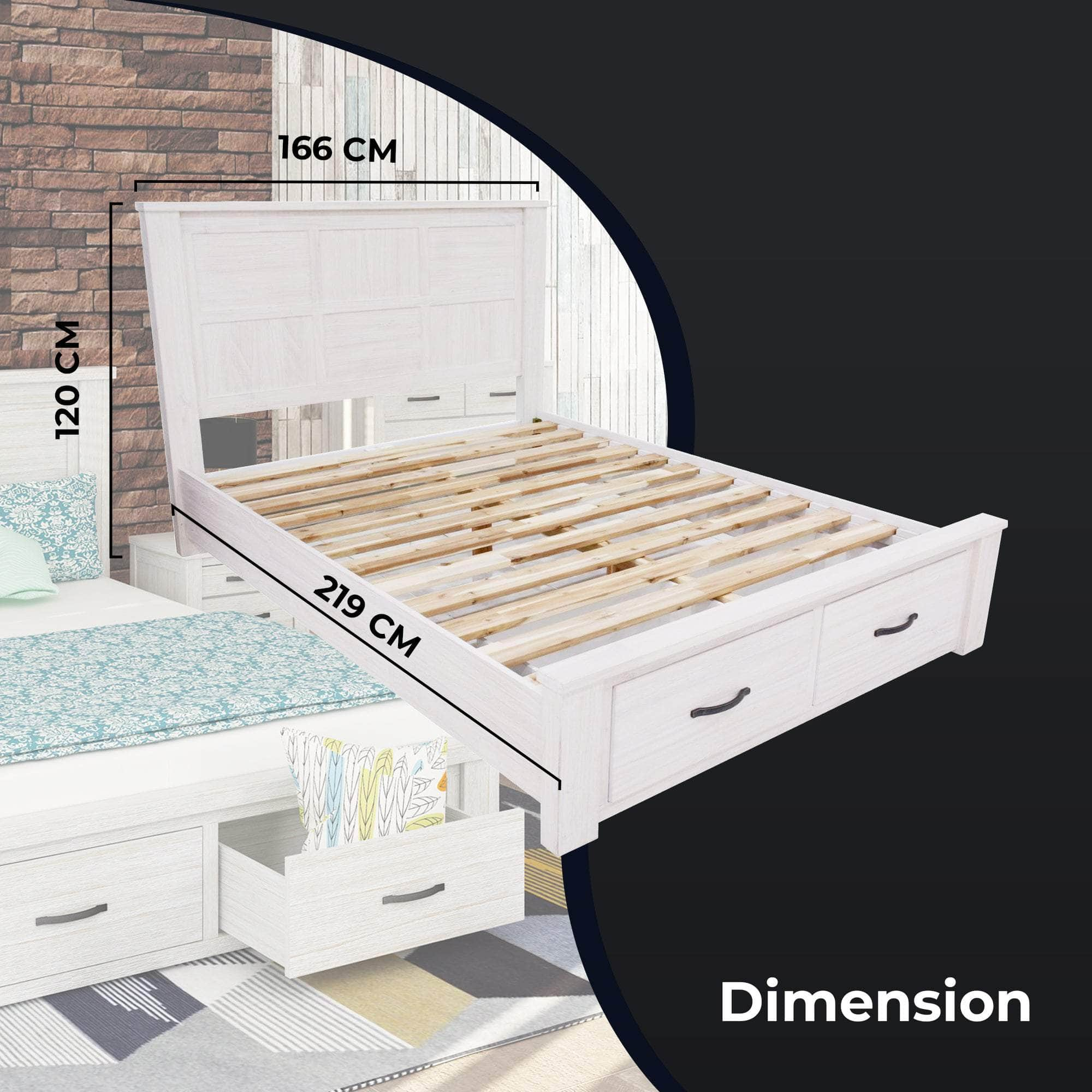 Bed Frame Queen Size Timber Mattress Base With Storage Drawers - White