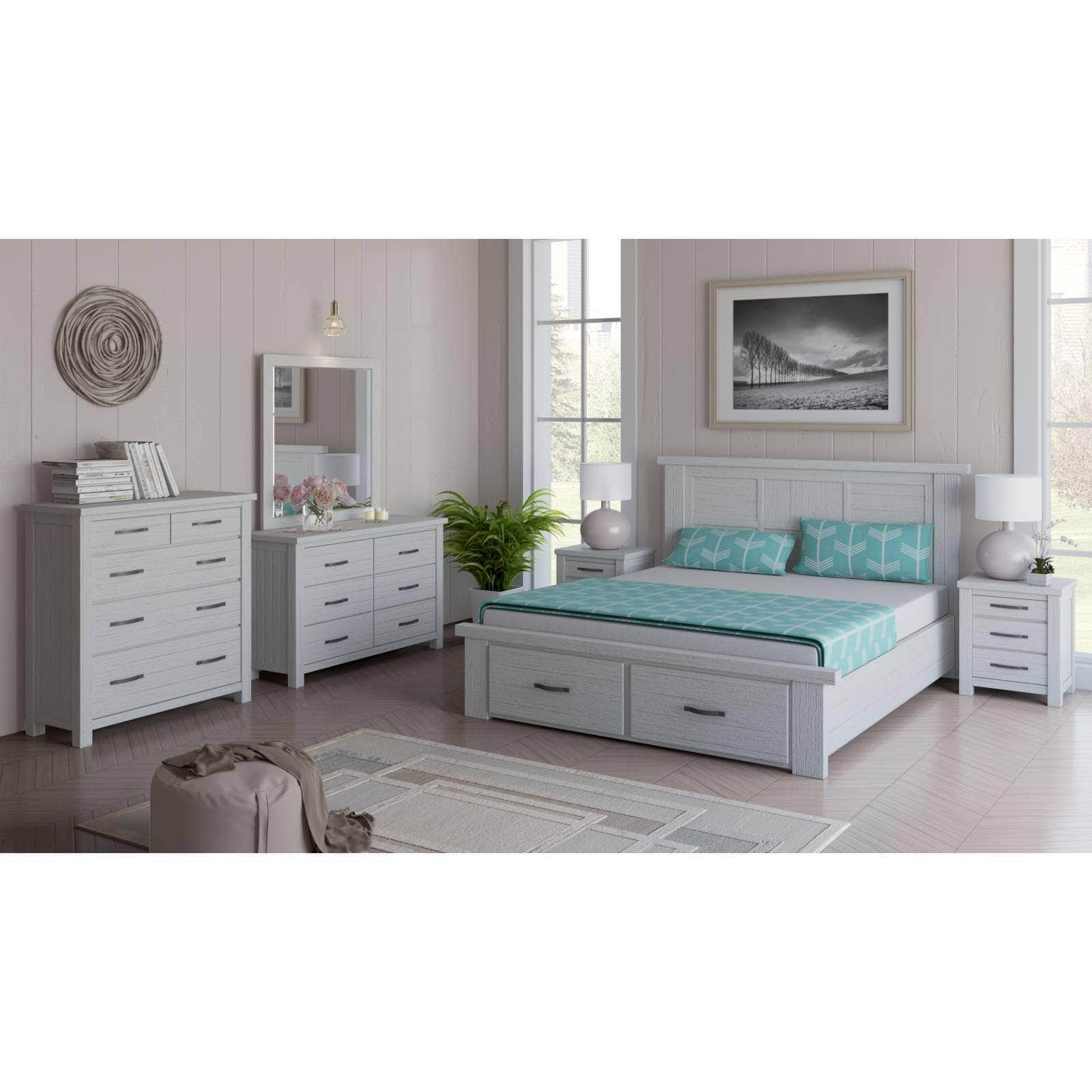 Bed Frame Queen Size Timber Mattress Base With Storage Drawers - White