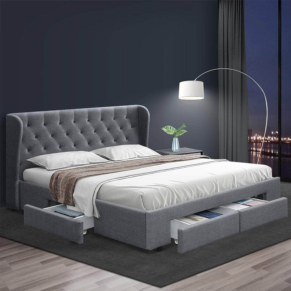 Bed Frame Queen Size With 4 Drawers Grey Mila