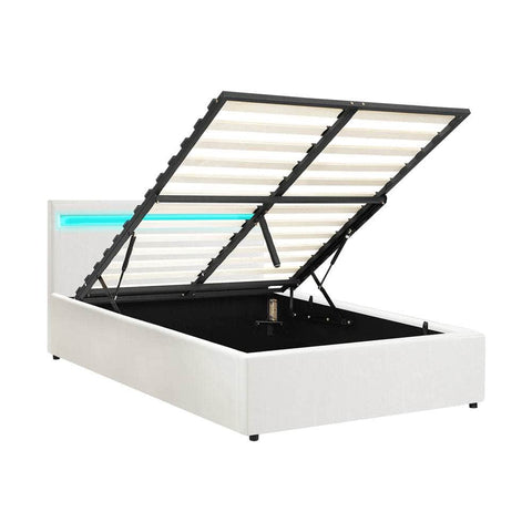 Bed Frame RGB LED King Single/Queen/Double Gas Lift Storage Base White