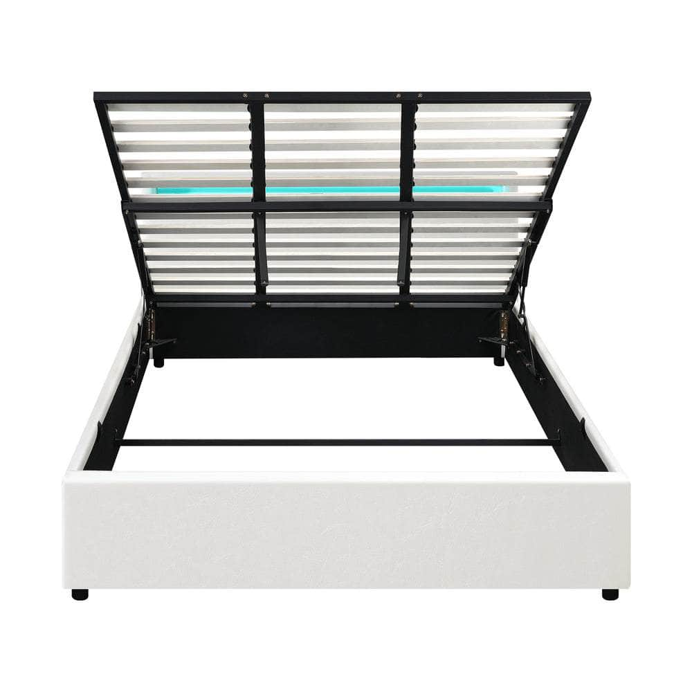 Bed Frame RGB LED King Single/Queen/Double Gas Lift Storage Base White