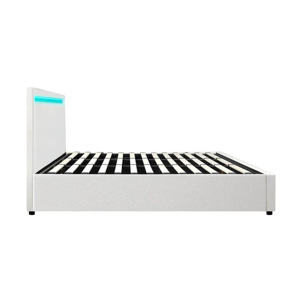 Bed Frame RGB LED King Single/Queen/Double Gas Lift Storage Base White