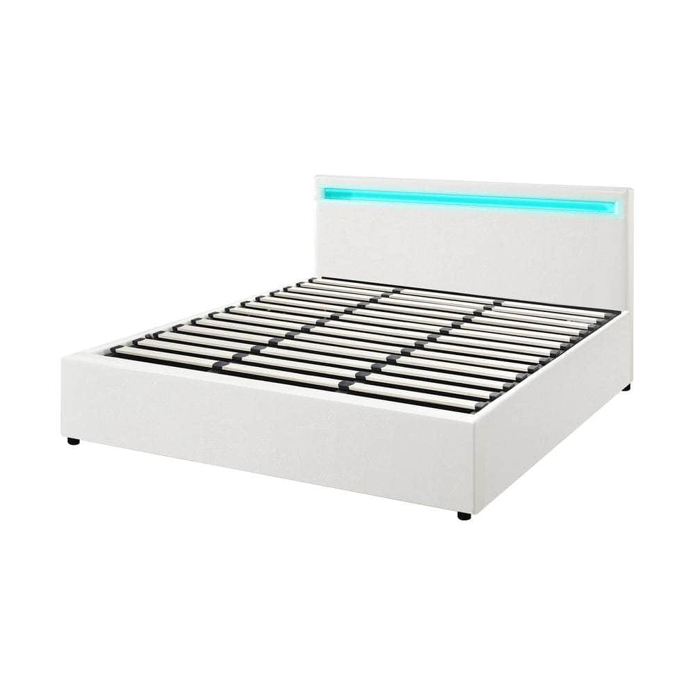 Bed Frame RGB LED King Single/Queen/Double Gas Lift Storage Base White