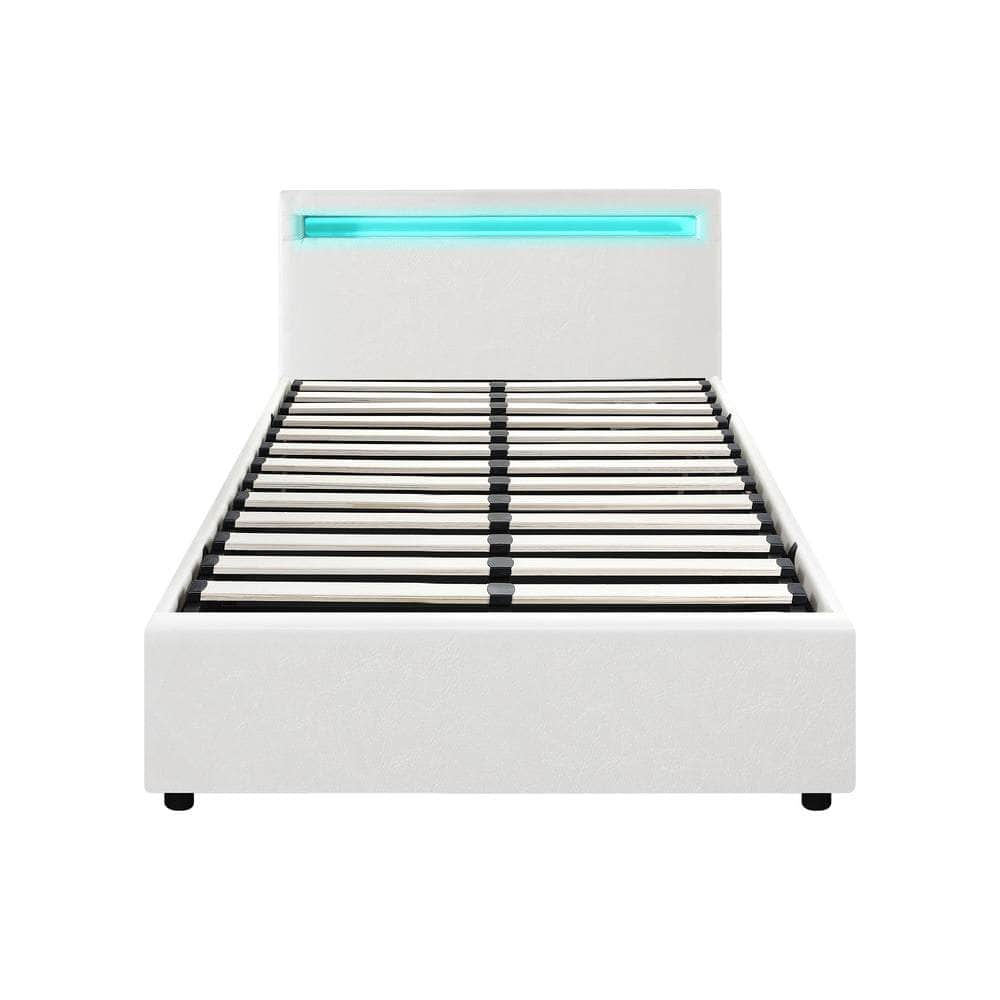 Bed Frame RGB LED King Single/Queen/Double Gas Lift Storage Base White