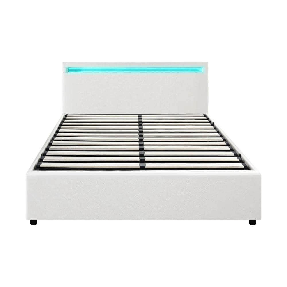 Bed Frame RGB LED King Single/Queen/Double Gas Lift Storage Base White