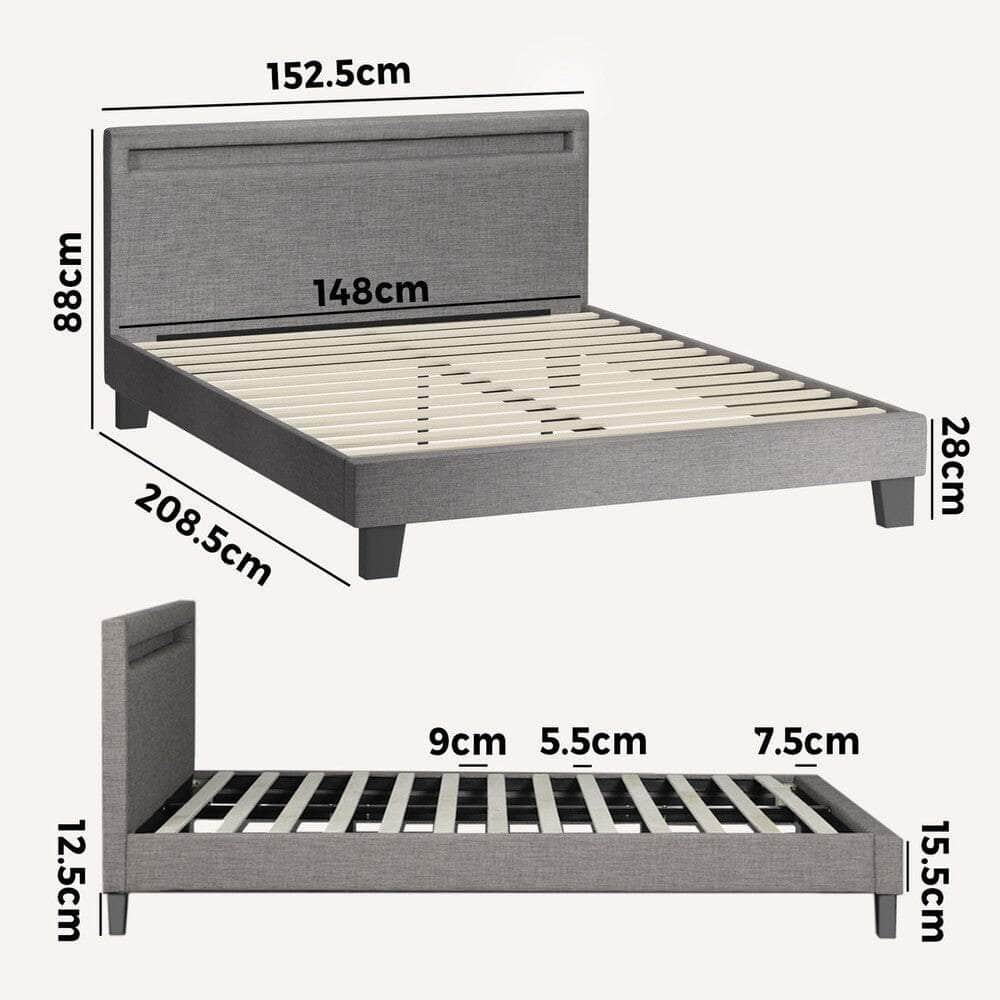 Bed Frame RGB LED Queen Size Mattress Base Platform Wood