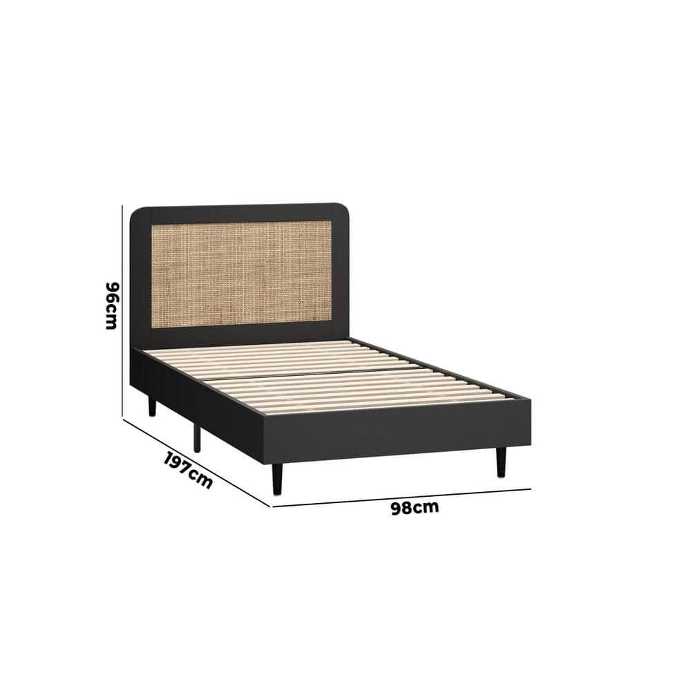 Bed Frame Single Size Real Rattan Headboard Black