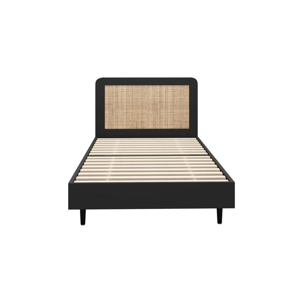 Bed Frame Single Size Real Rattan Headboard Black