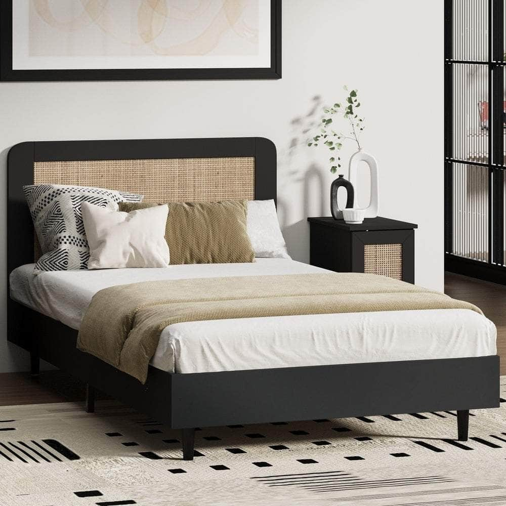 Bed Frame Single Size Real Rattan Headboard Black