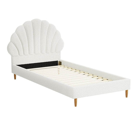 Bed Frame Single Size Scallop-Shape Bedhead White Boucle