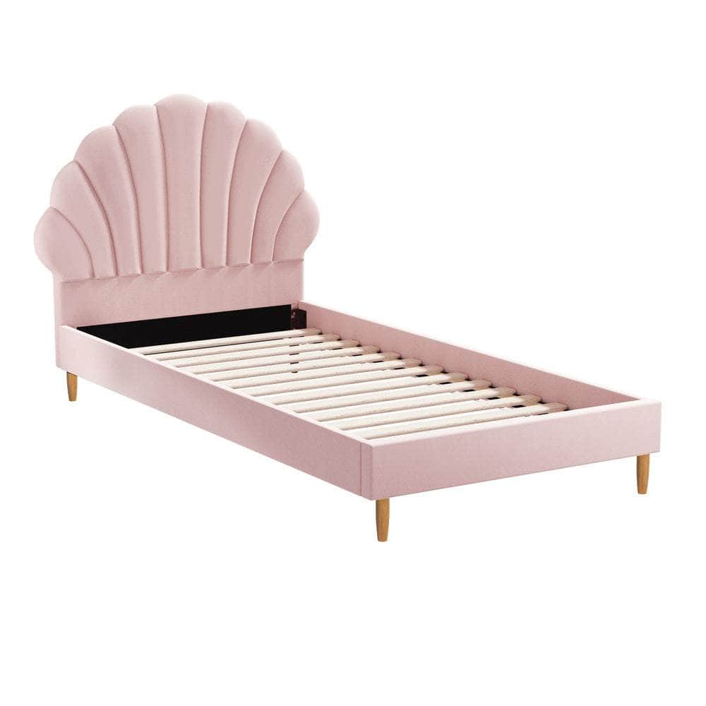 Bed Frame Single Size Scallop-Shape Bedhead White Boucle