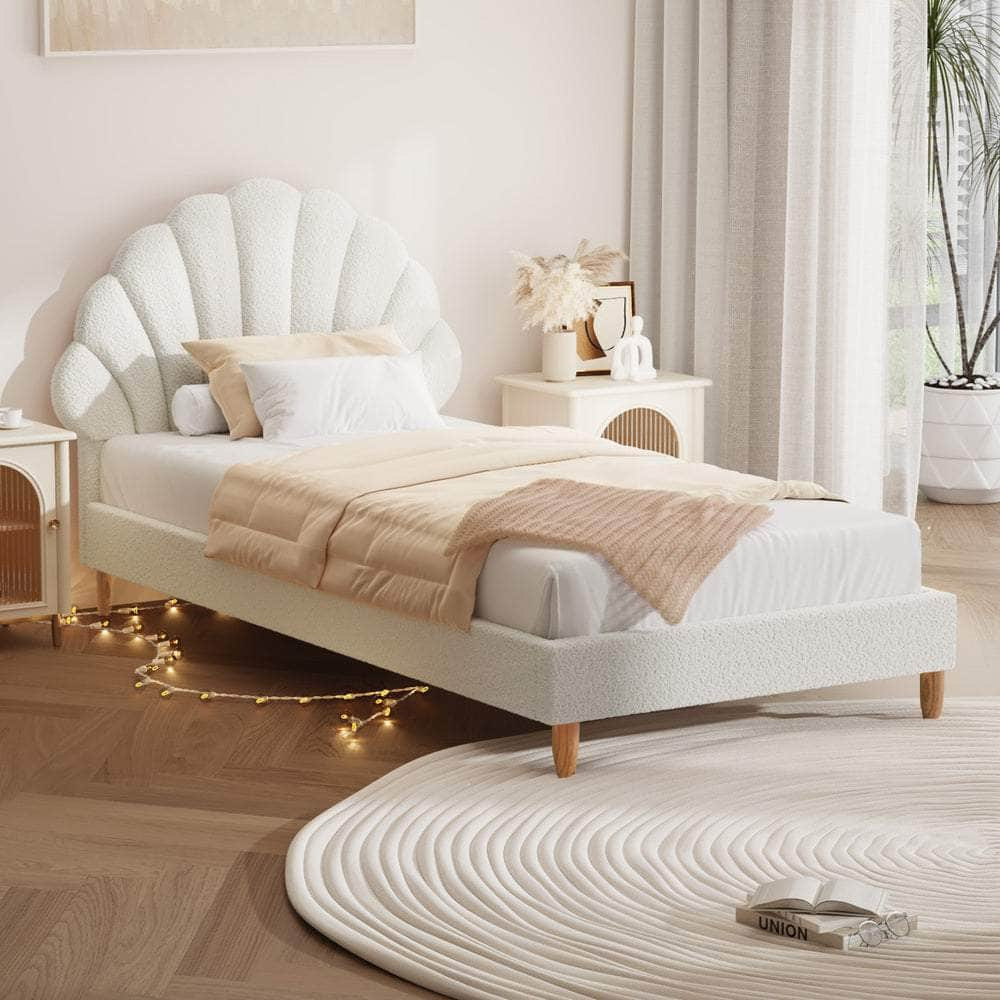 Bed Frame Single Size Scallop-Shape Bedhead White Boucle