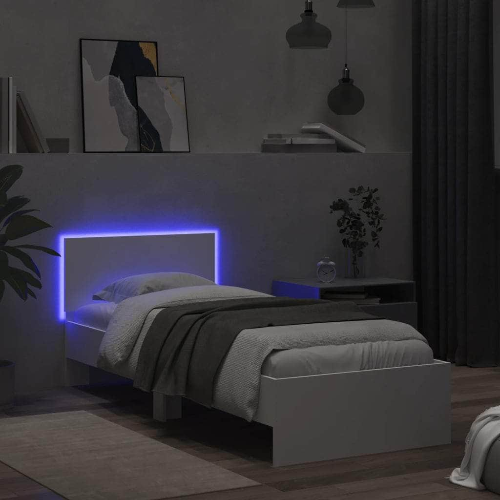 Bed Frame with Headboard and LED Lights-White