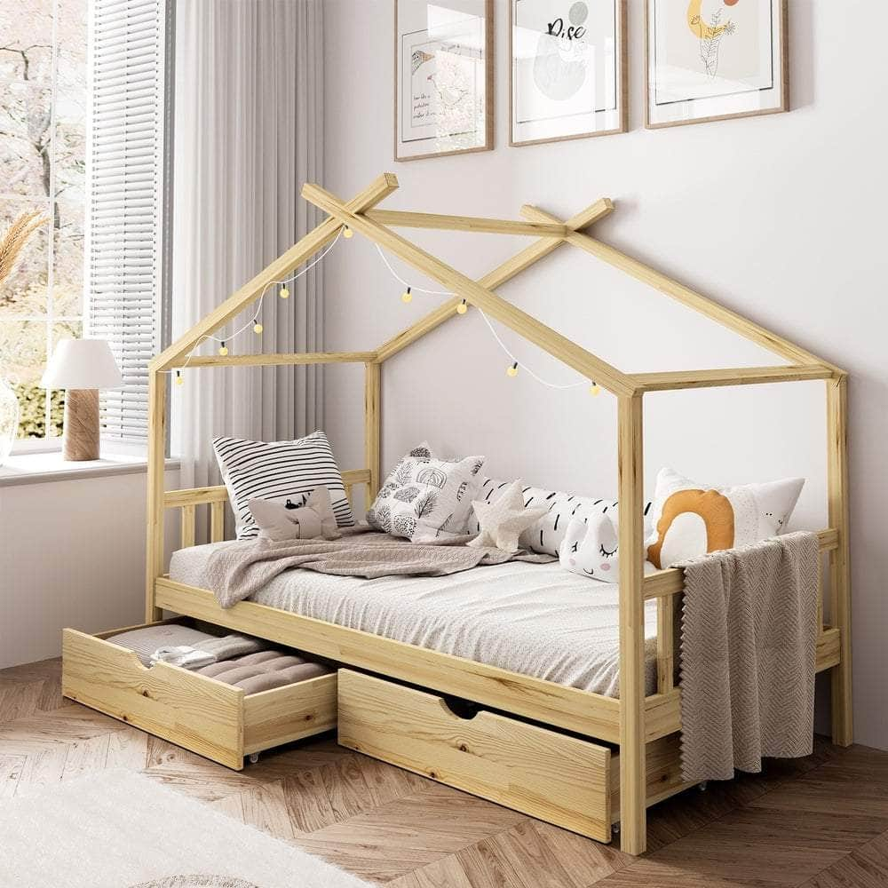 Bed Frame Wooden Kids Single Timber House Beds