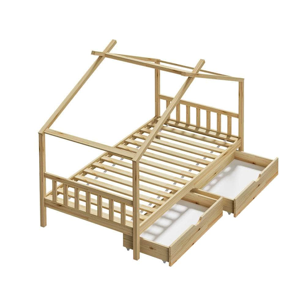 Bed Frame Wooden Kids Single Timber House Beds