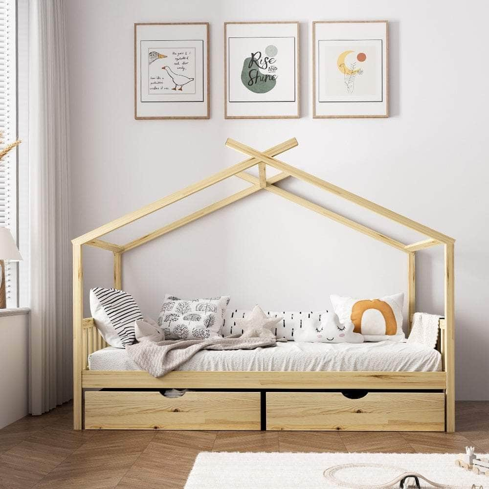 Bed Frame Wooden Kids Single Timber House Beds