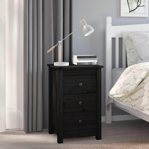 Bedside Cabinet Black Solid Wood Pine