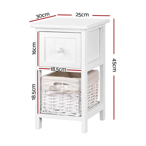 Bedside Table 1 Drawer with Basket Rustic White X2