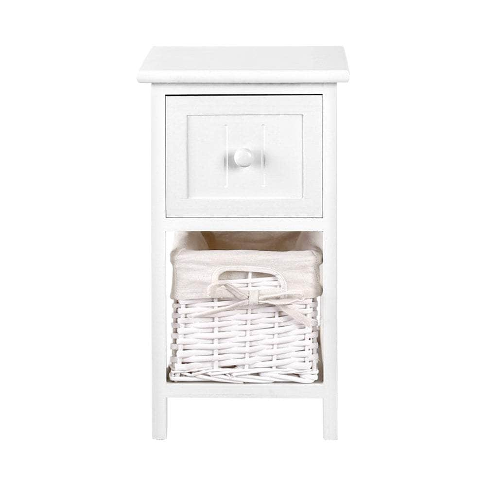 Bedside Table 1 Drawer with Basket Rustic White X2