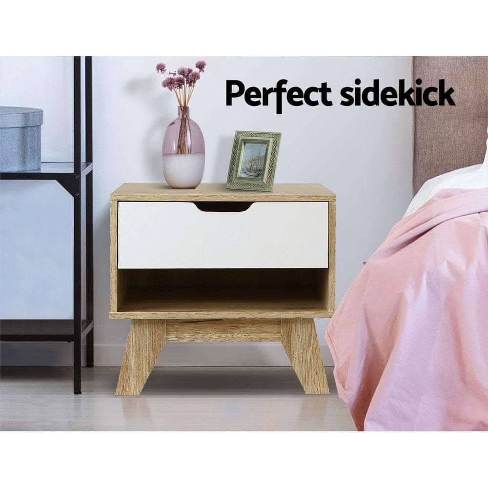 Bedside Table 1 Drawer with Shelf - IKER White & Oak