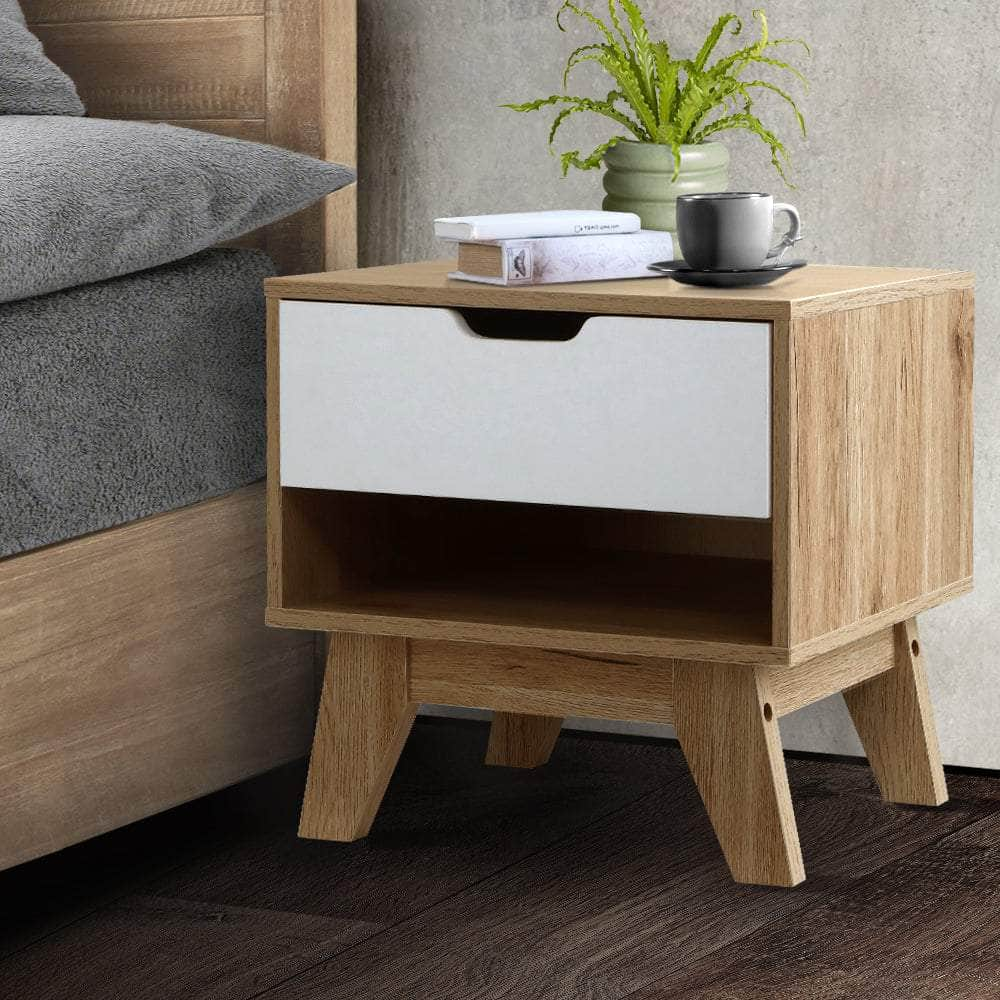 Bedside Table 1 Drawer with Shelf - IKER White & Oak