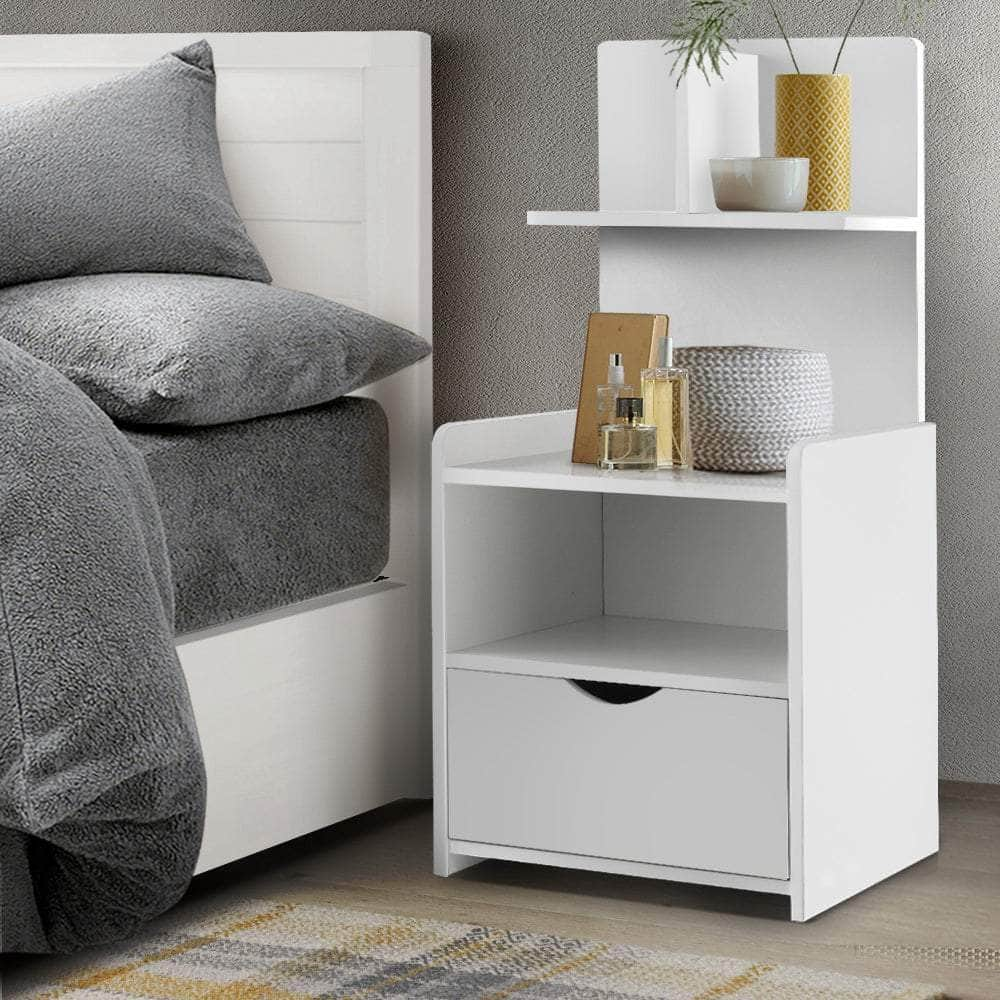 Bedside Table 1 Drawer with Shelves - EVERMORE White