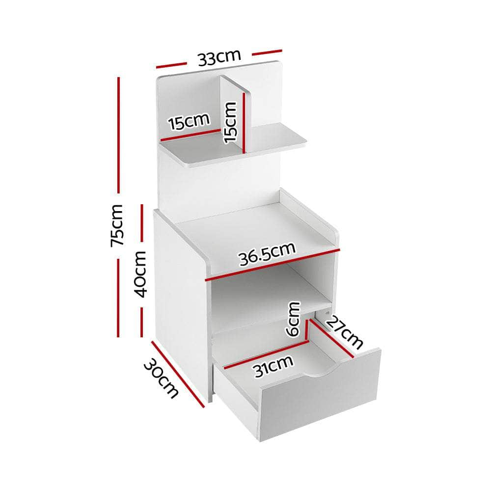 Bedside Table 1 Drawer with Shelves - EVERMORE White