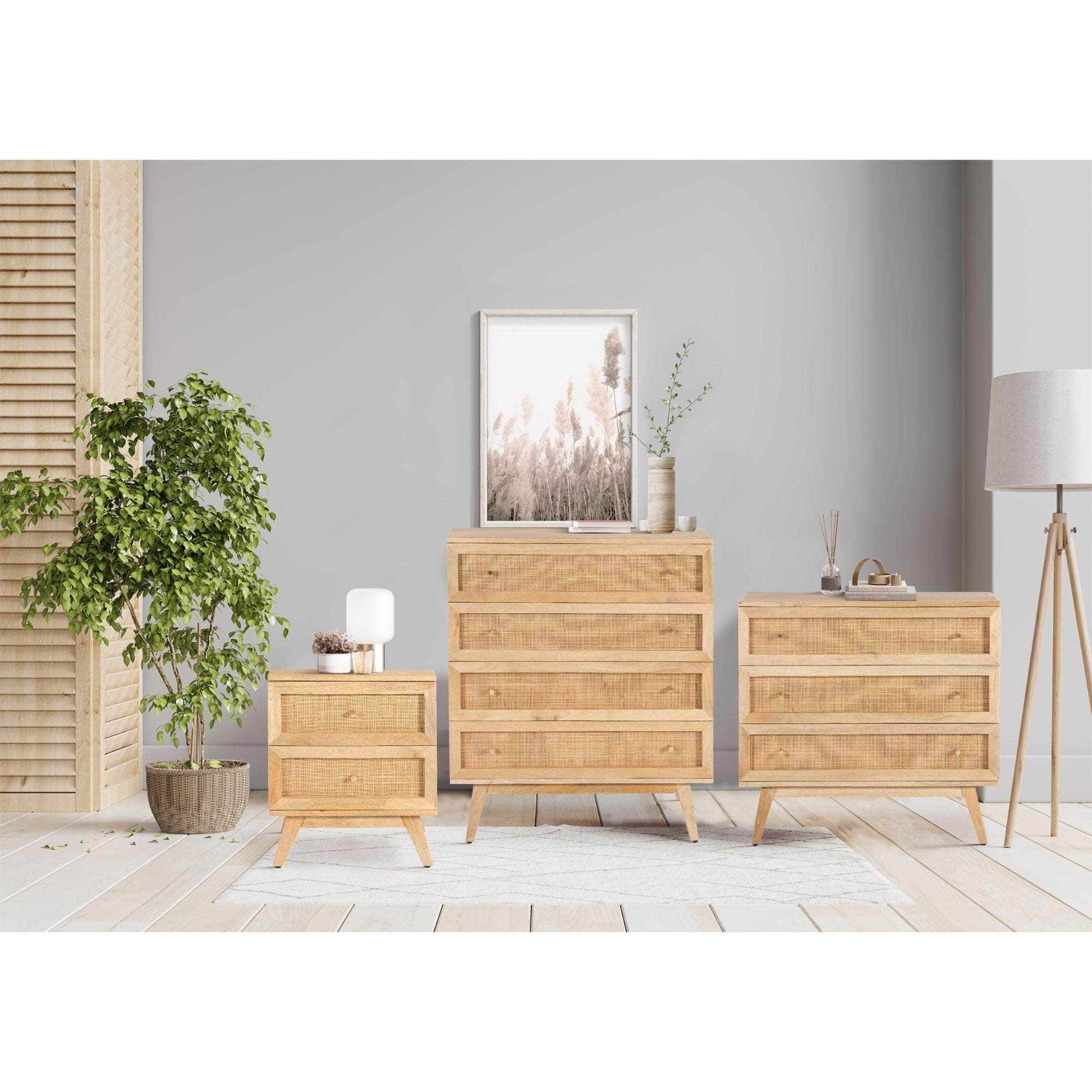 Bedside Table 2 Drawer Storage Cabinet Solid Mango Wood Rattan Natural