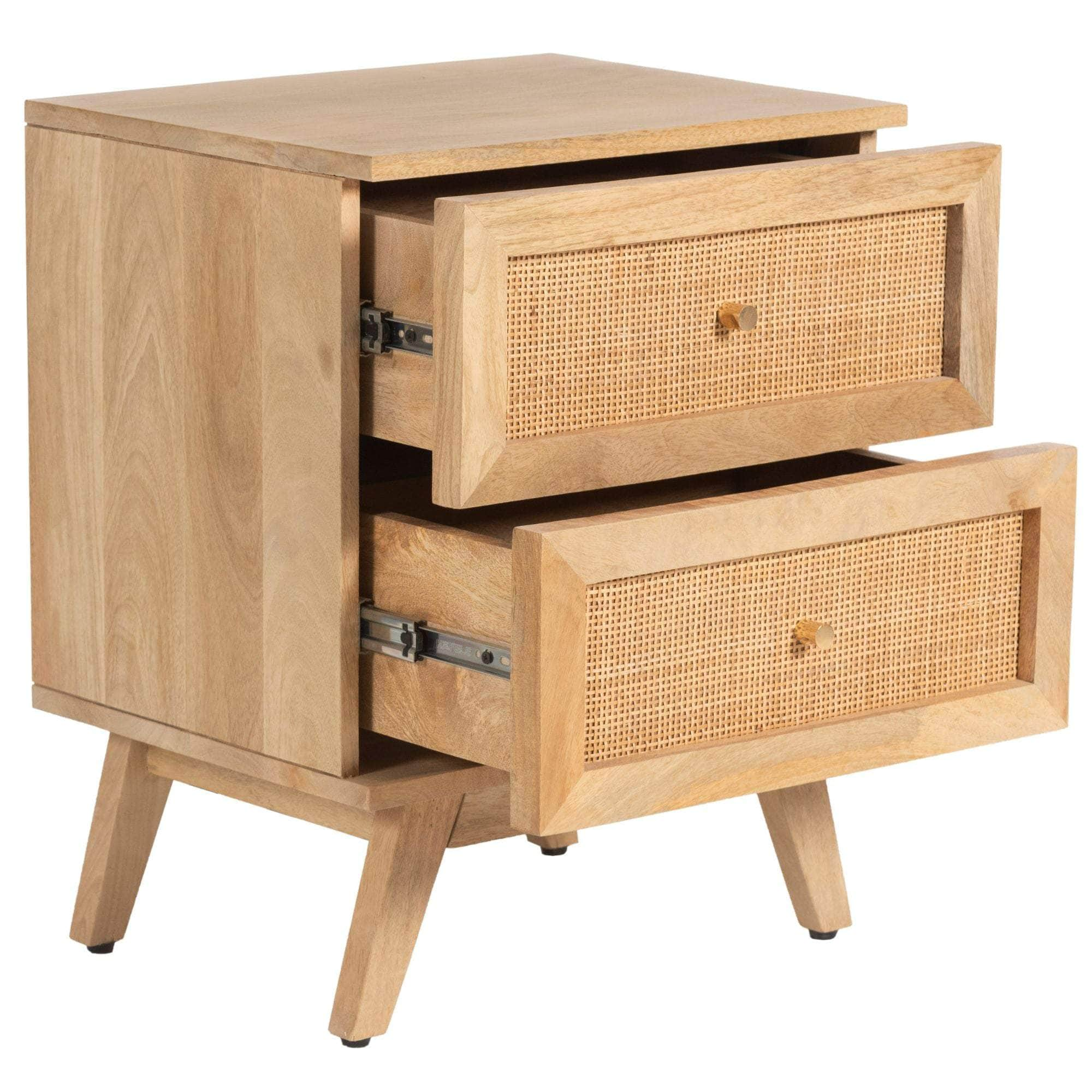 Bedside Table 2 Drawer Storage Cabinet Solid Mango Wood Rattan Natural