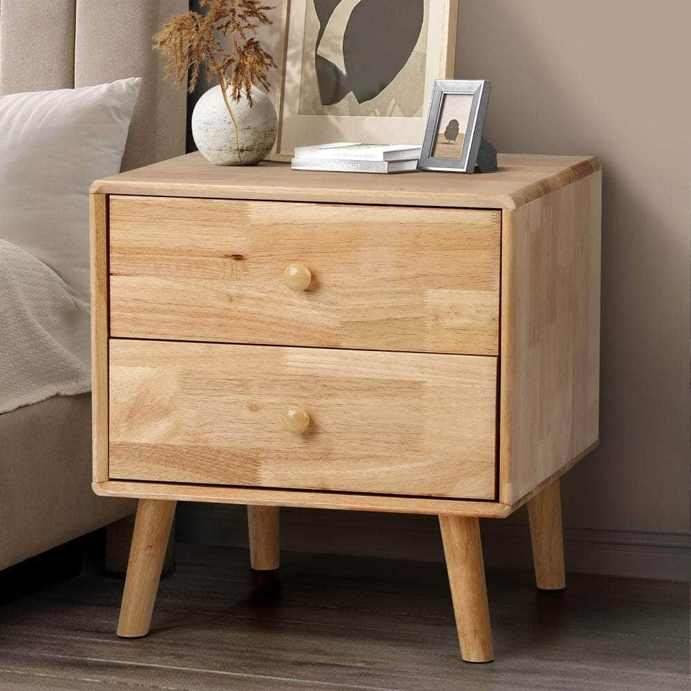 Bedside Table 2 Drawers Storage Rubber Wood