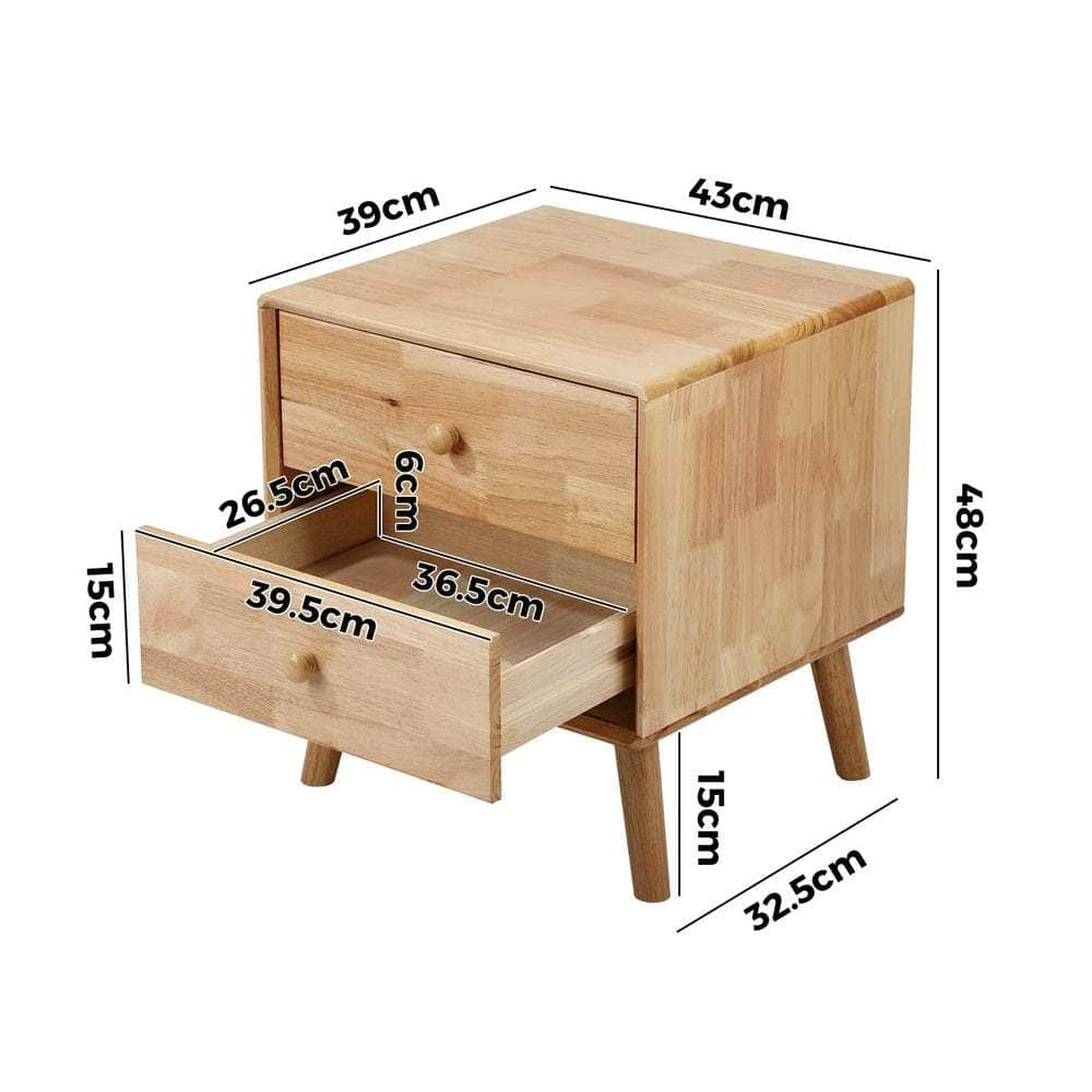 Bedside Table 2 Drawers Storage Rubber Wood