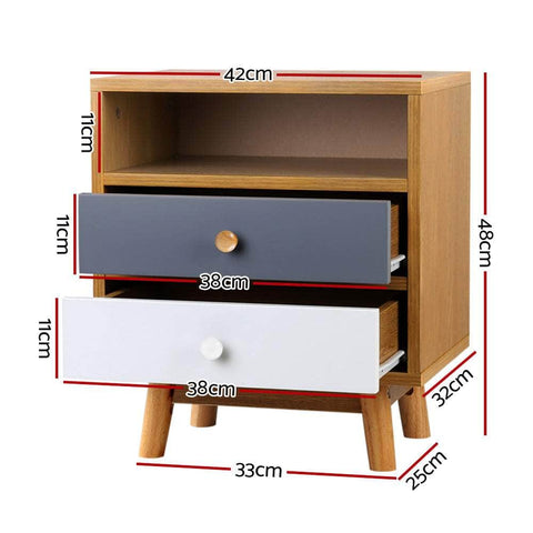 Bedside Table 2 Drawers with Shelf - BERTHA Oak