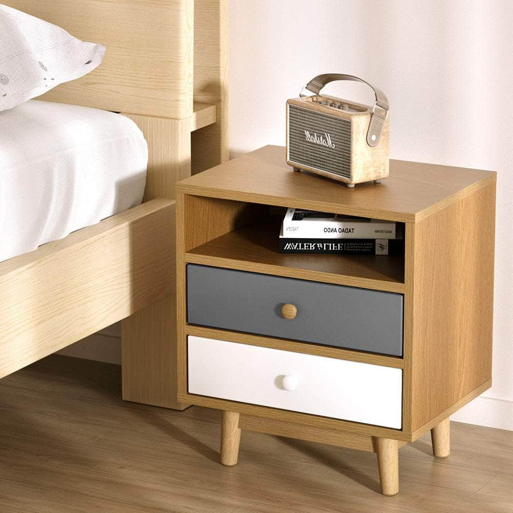 Bedside Table 2 Drawers with Shelf - BERTHA Oak