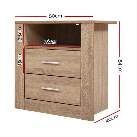 Bedside Table 2 Drawers with Shelf - TARA Oak