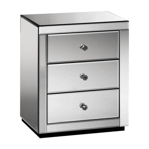 Bedside Table 3 Drawers Mirrored - PRESIA Grey