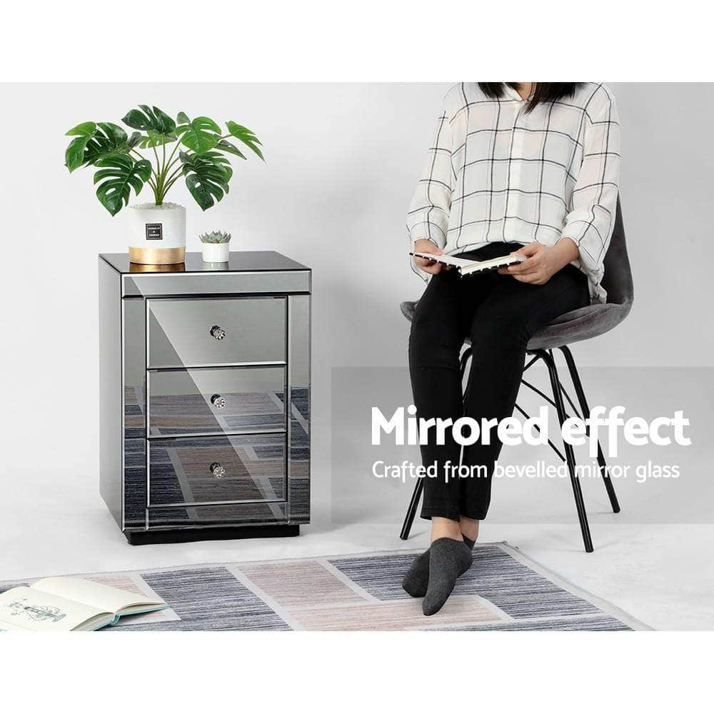 Bedside Table 3 Drawers Mirrored - PRESIA Grey