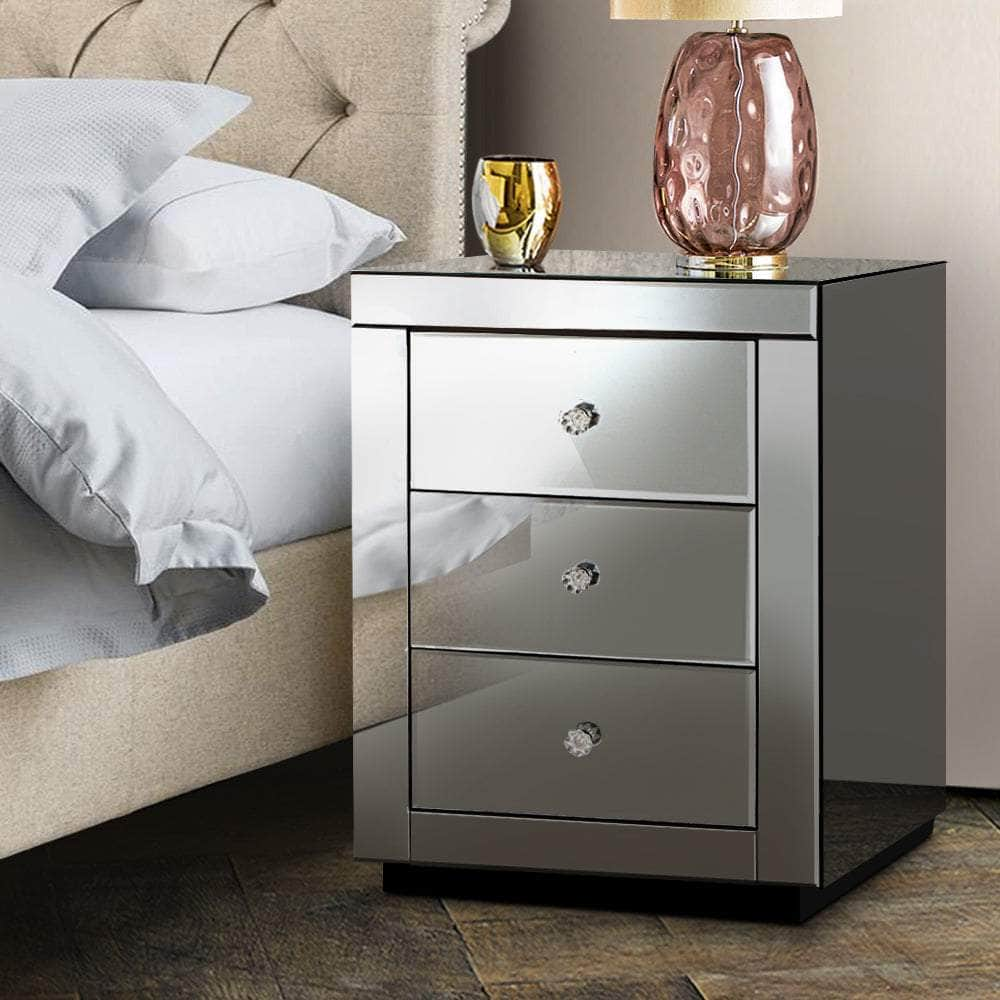 Bedside Table 3 Drawers Mirrored - PRESIA Grey