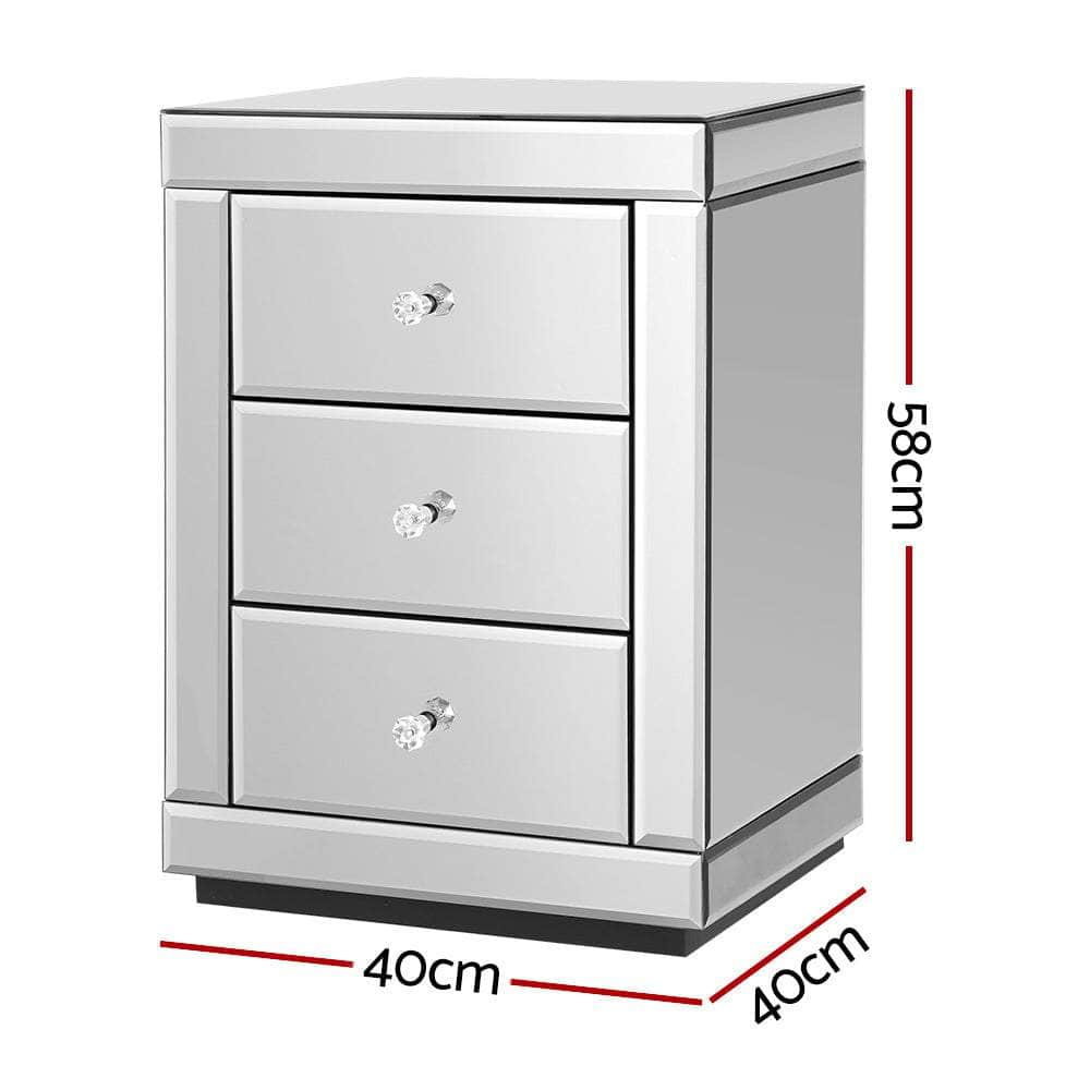 Bedside Table 3 Drawers Mirrored - PRESIA Silver