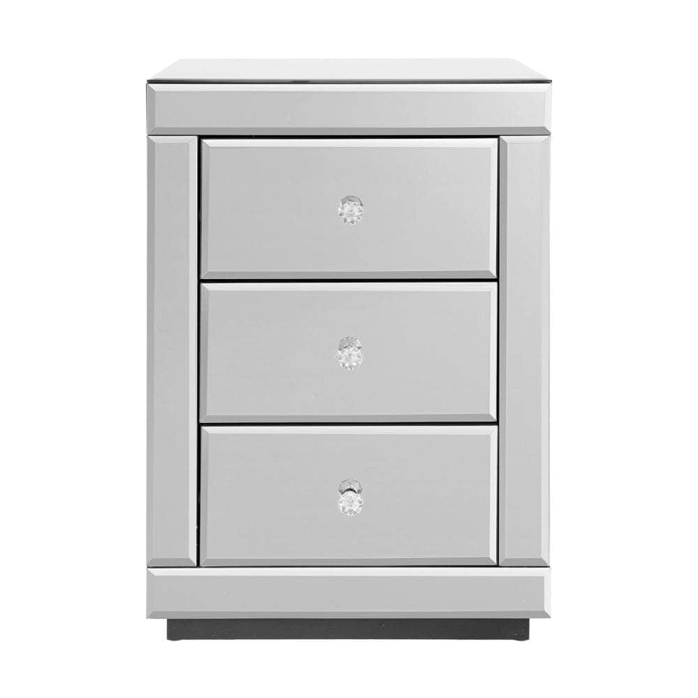 Bedside Table 3 Drawers Mirrored - PRESIA Silver