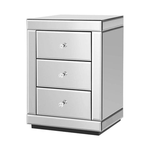 Bedside Table 3 Drawers Mirrored - PRESIA Silver