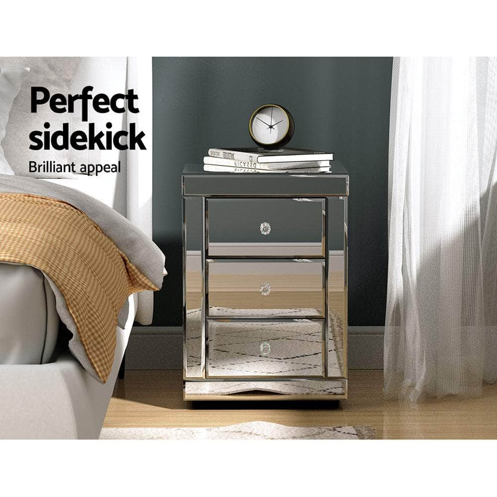 Bedside Table 3 Drawers Mirrored - PRESIA Silver