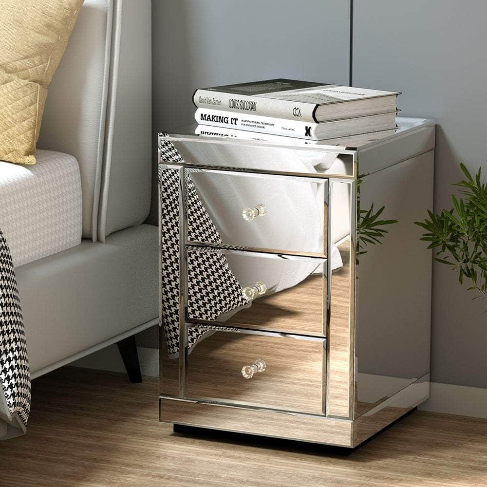 Bedside Table 3 Drawers Mirrored - PRESIA Silver