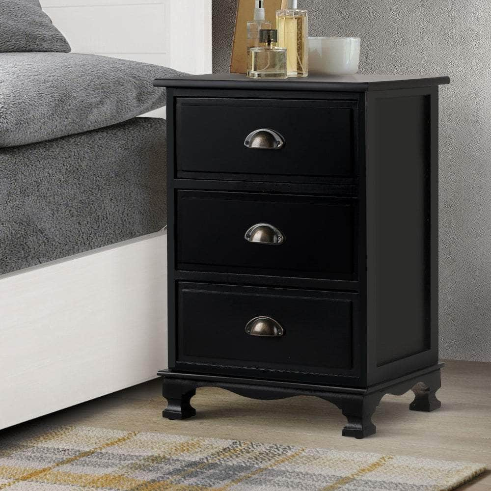 Bedside Table 3 Drawers Vintage - THYME Black