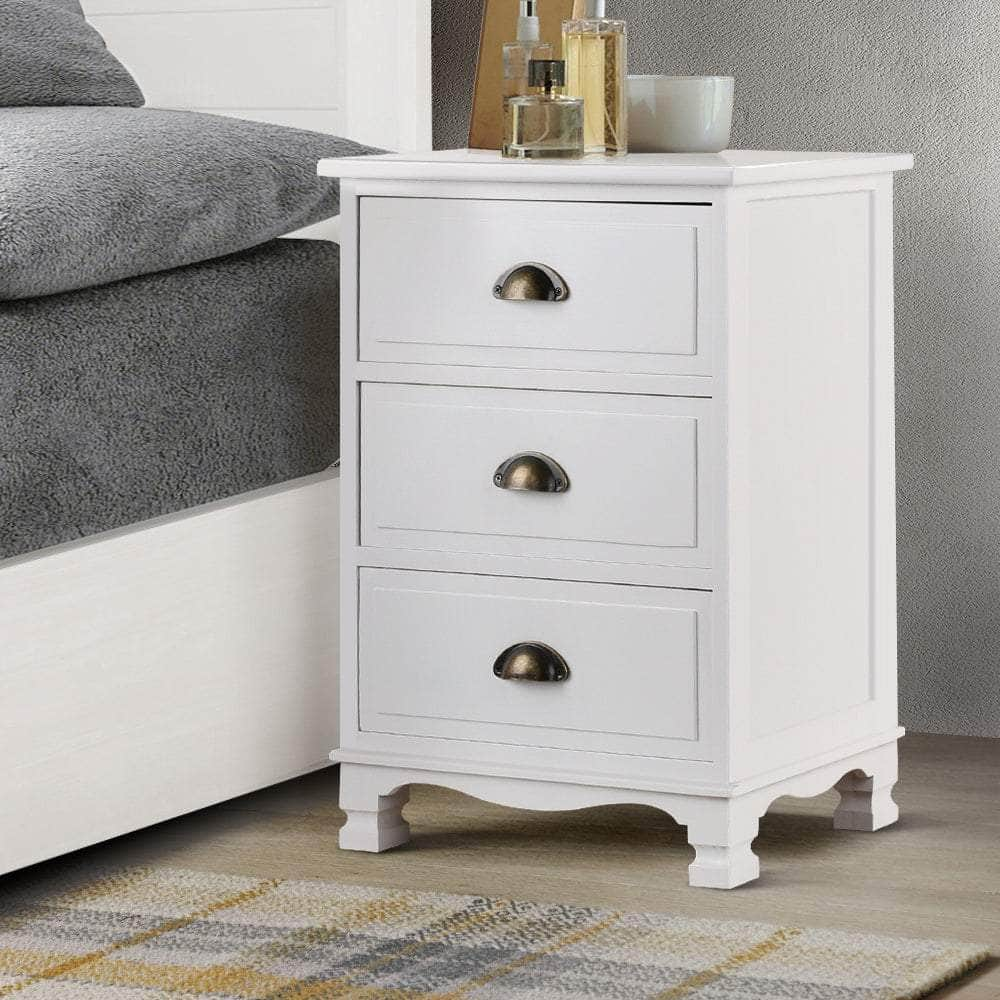 Bedside Table 3 Drawers Vintage - THYME White